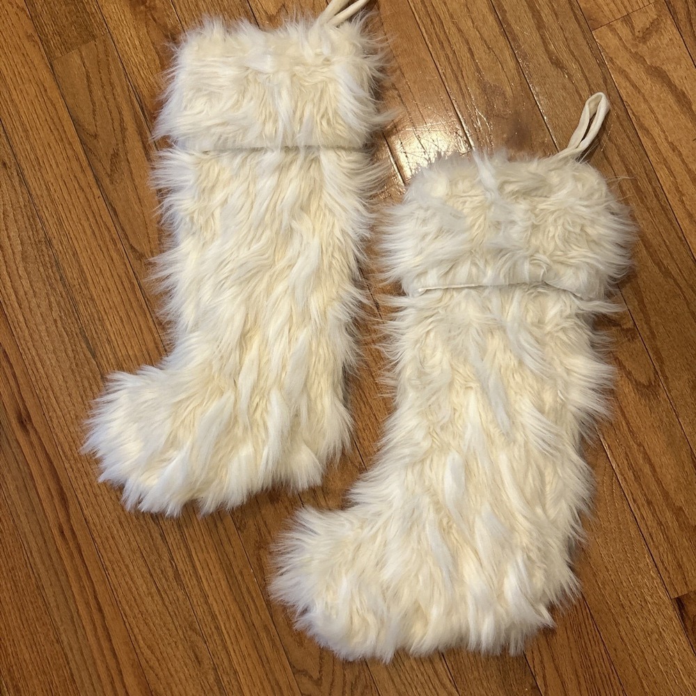 Pair - 2 Nicole Miller Home Christmas Stocking White Faux Fur Designer‎ Luxury